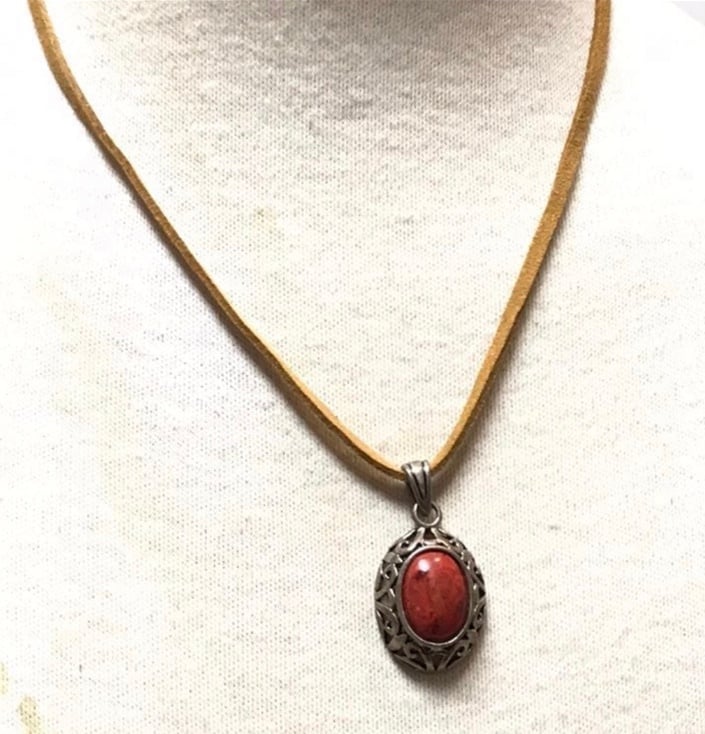 Natural Coral Sterling Silver filigree Pendant Necklace