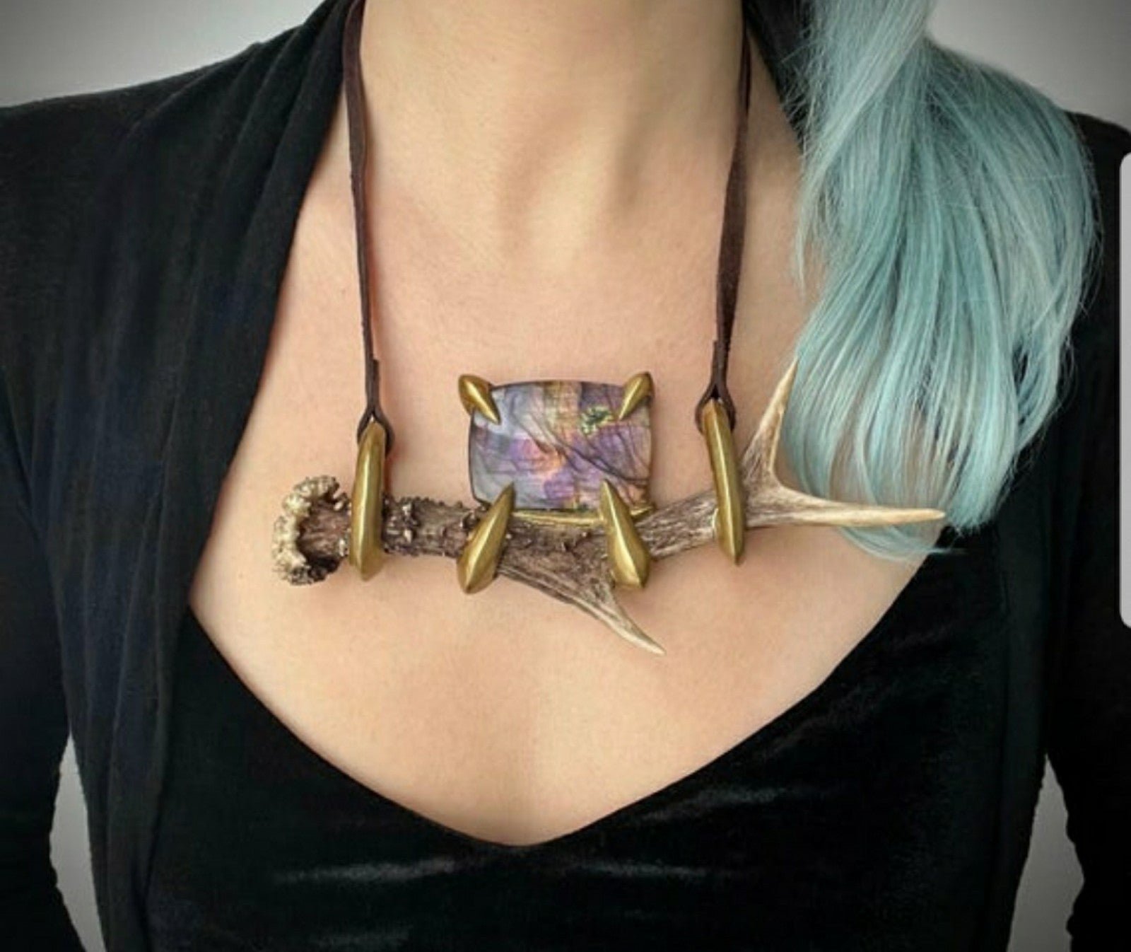 Pink Labradorite Antler Necklace , Statement Necklace Art Necklace unique handma