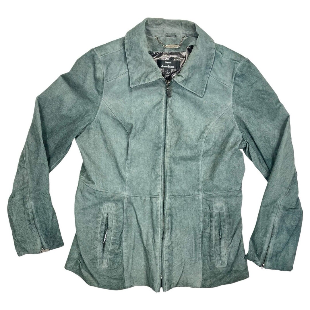 Dennis Basso Leather Moto Jacket Womens Size Medium Sage Green Front Pockets
