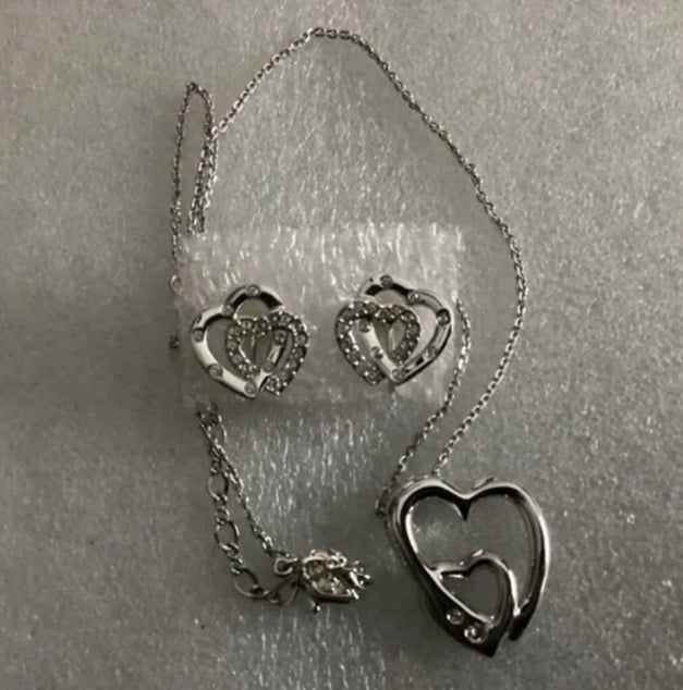 Swarovski Silver Plated Double Heart Crystal Necklace and Earrings Set