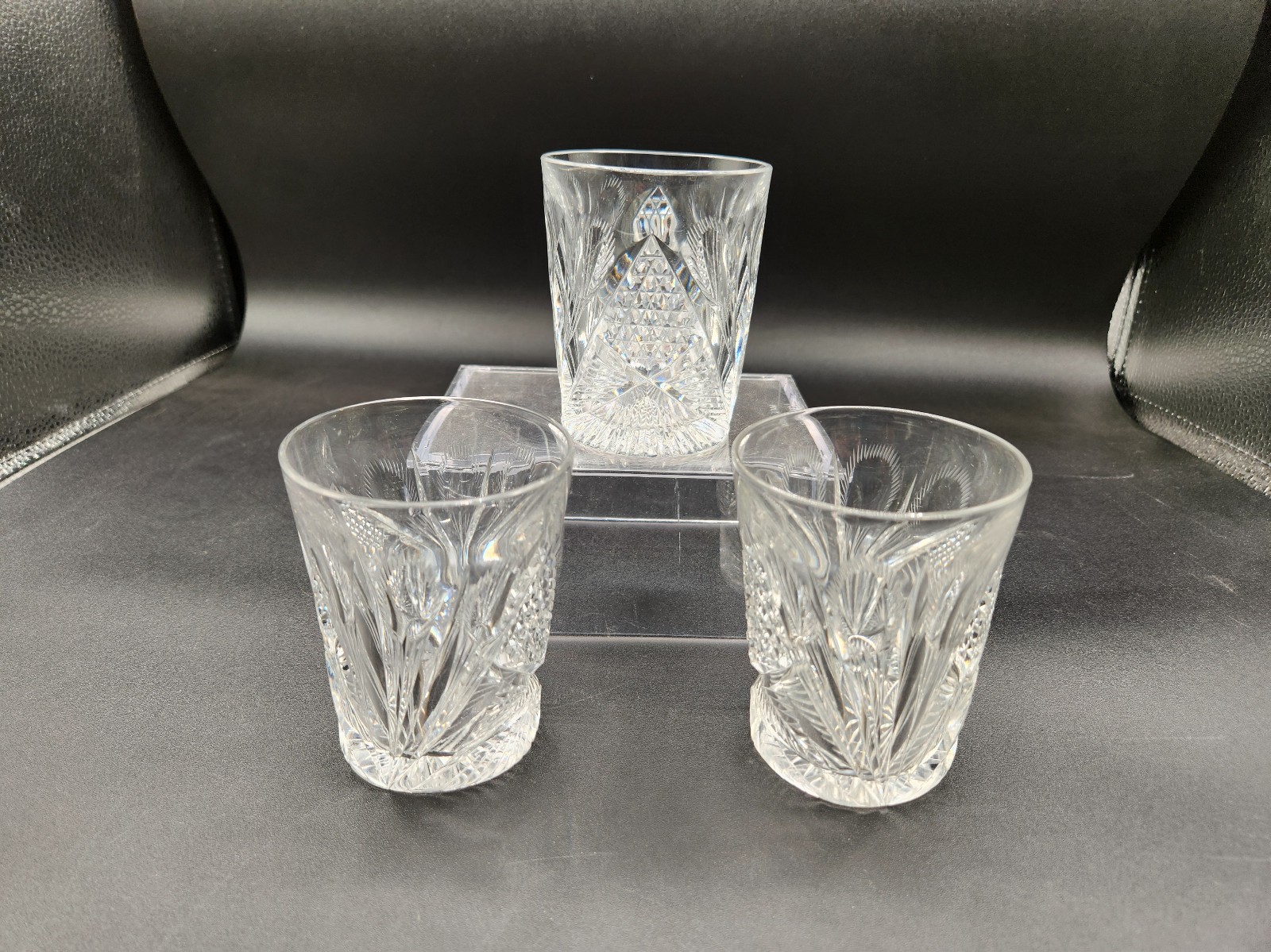 Set of 3 Antique Signed Libbey Cut Glass 3 5/8 Tumblers Etched Crystal Cocktail