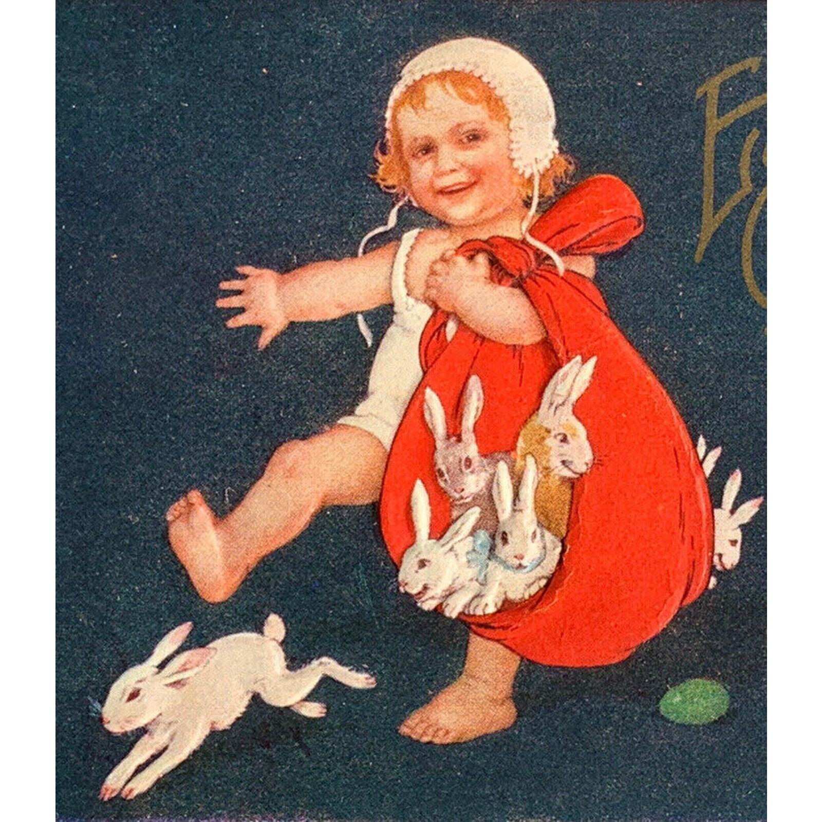 Antique 1910s Ephemera Easter Card Baby With Bunnies Embossed Used But Unposted