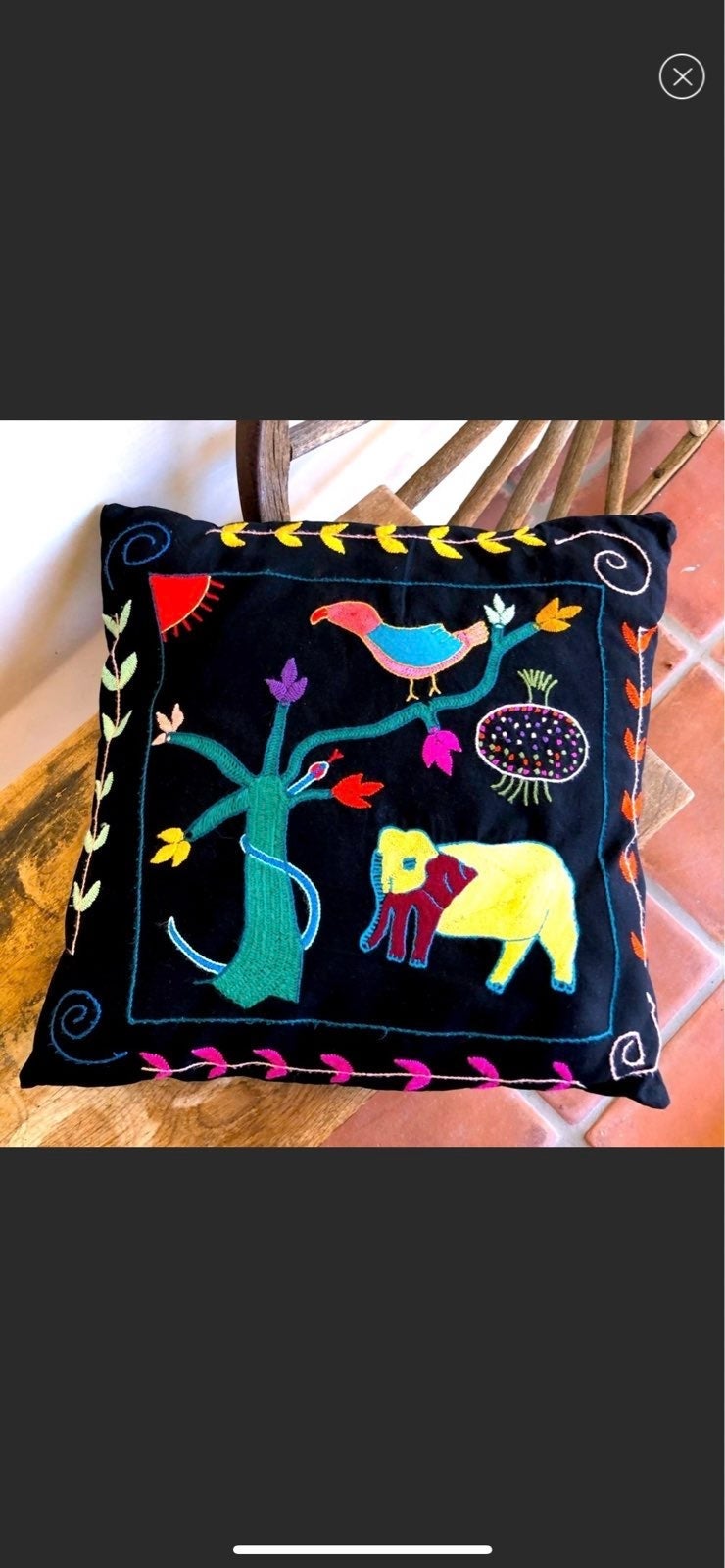 OOAK Vintage Hand Embroidered BOHO Throw Pillow Colorful Animals L New!!