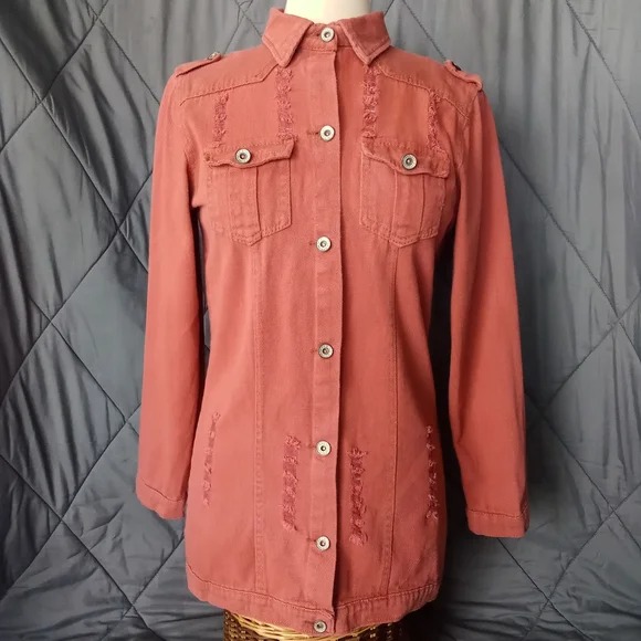Women's Nadasha Rust Colored Denim Jean Jacket Distressed Button up Collared