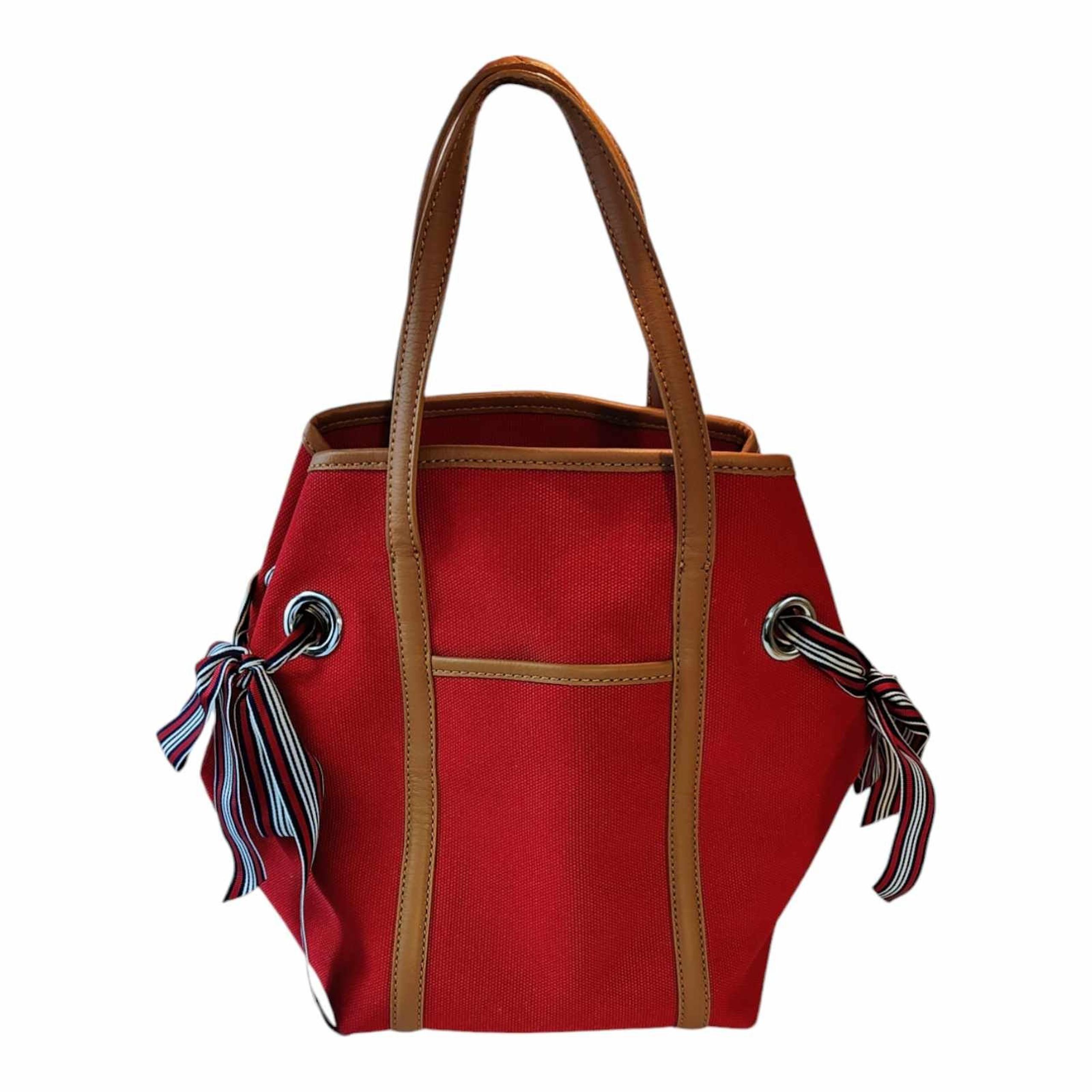 TALBOTS Red Canvas Abstract Scarf Print Design Top Handle Tote Bucket Bag EUC