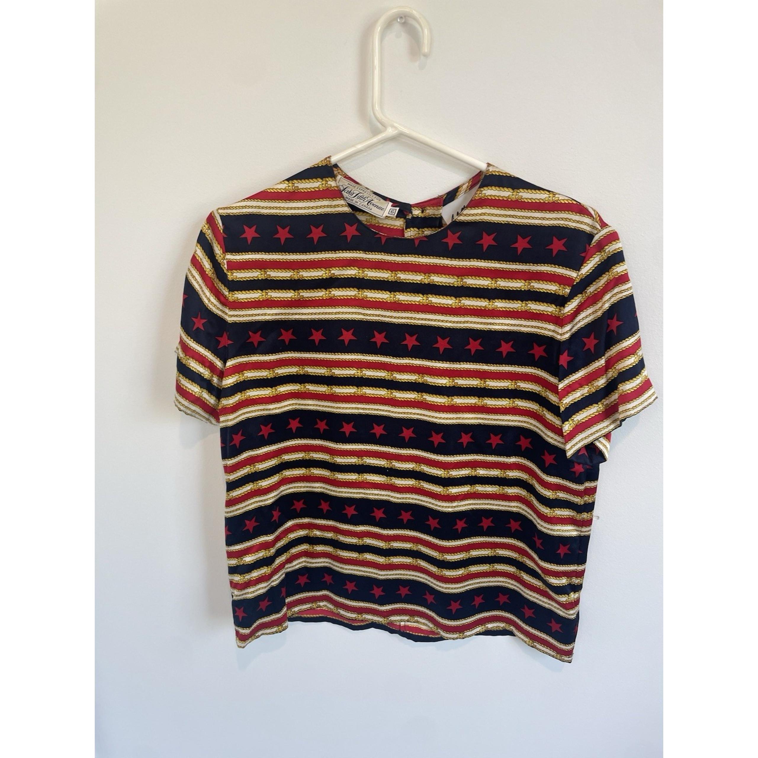 Vintage Saks Fifth Avenue Peter Nygard Nautical Patriotic Silk Blouse Size 6