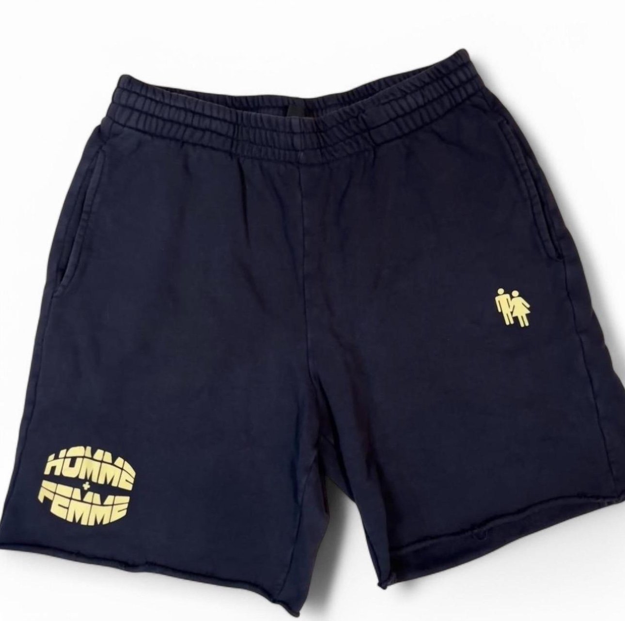 Homme Femme Sweat Shorts Size Medium Printed Logo Elastic Waist Pockets Navy