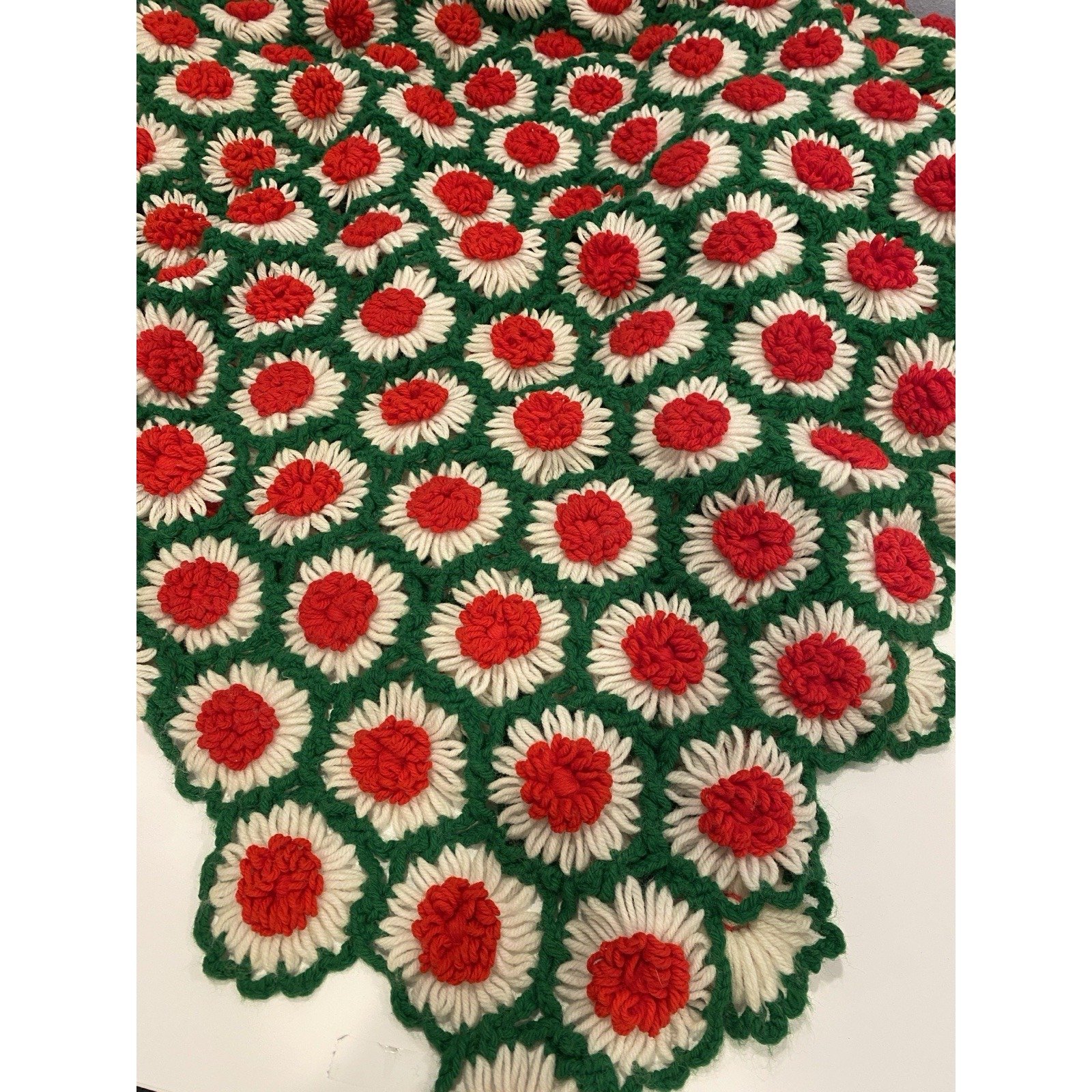 Handmade Vintage 3D Crochet Blanket Granny Square Afghan Throw Red White Green