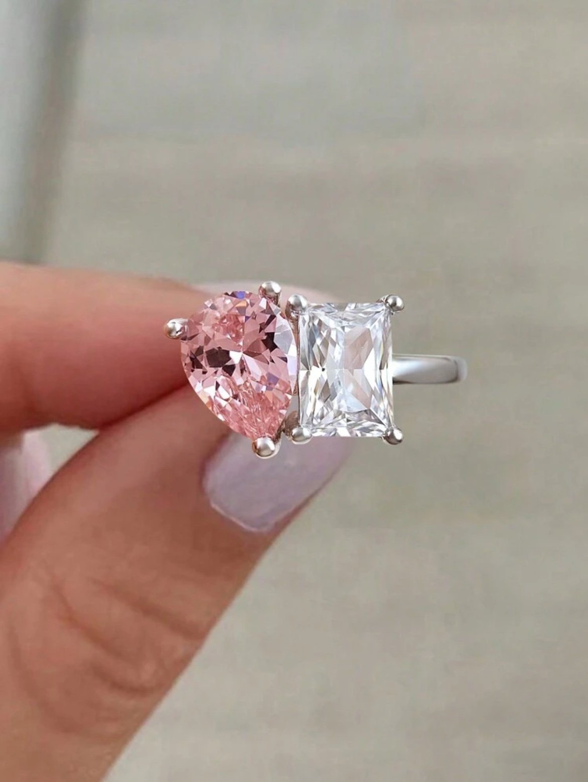 S925 Sterling Silver Band Clear Radiant Cut Pink Pear Shape Cubic Zirconia Ring