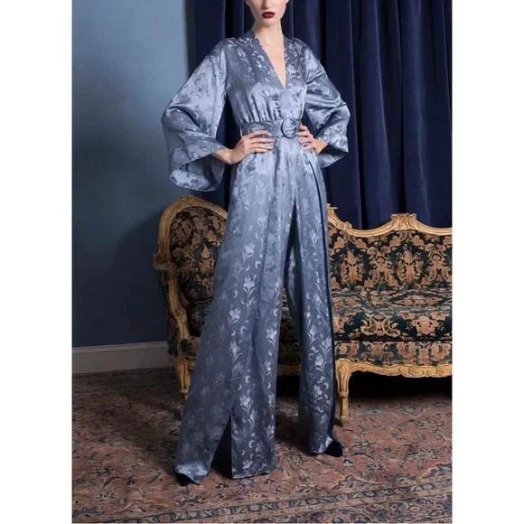 Alice + Olivia Blue Floral Long-Sleeve Belted Holland Wide-Leg Jumpsuit