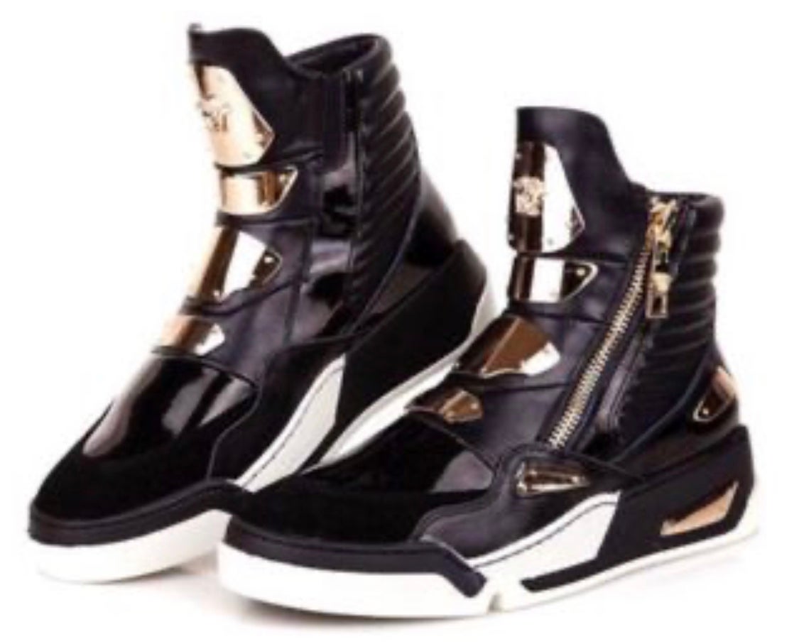 Versace techno gold plate black fashion sneaker medusa head 44/10 high top guc