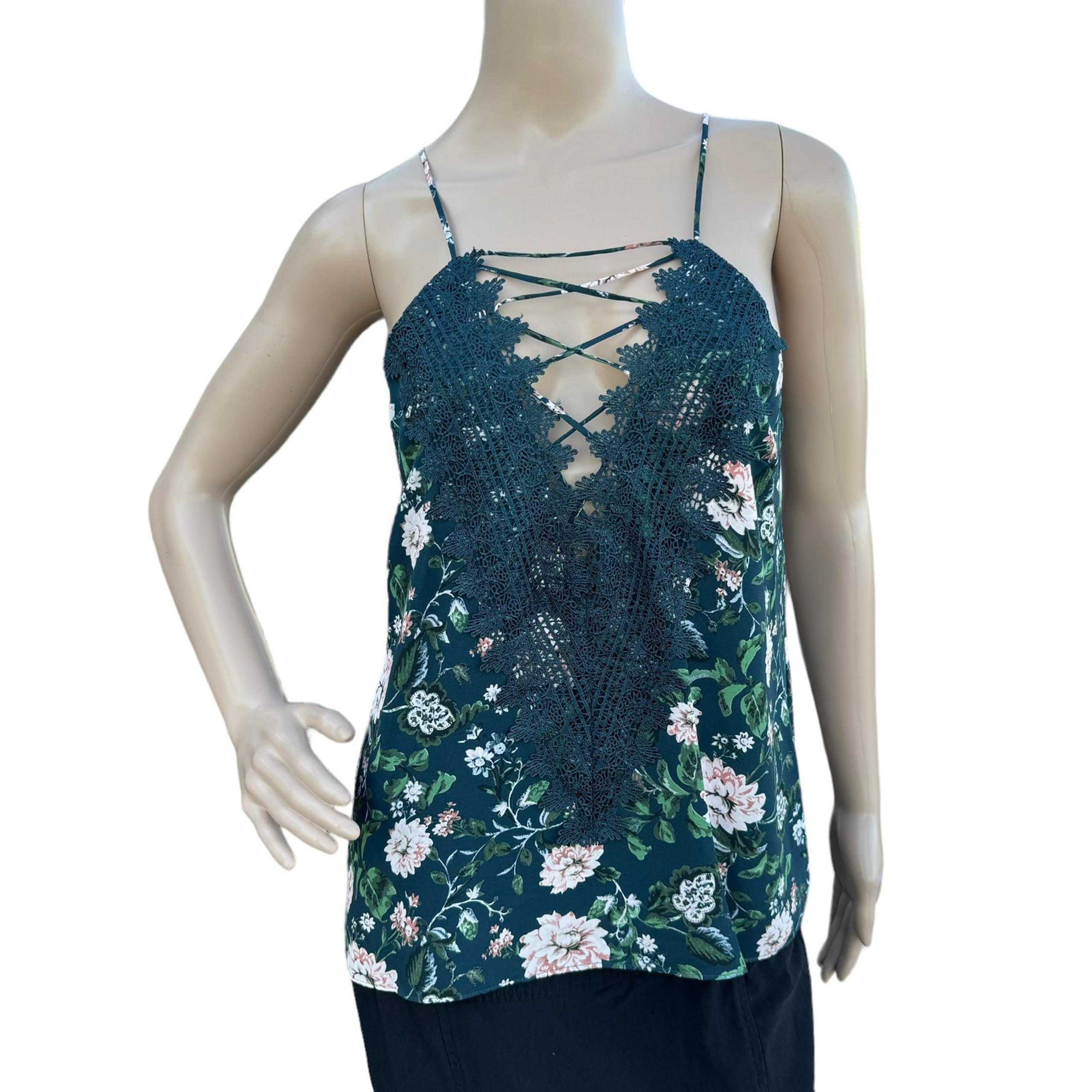 New WAYF Posie Women's Duty Teal Floral Strappy Camisole Top Size M