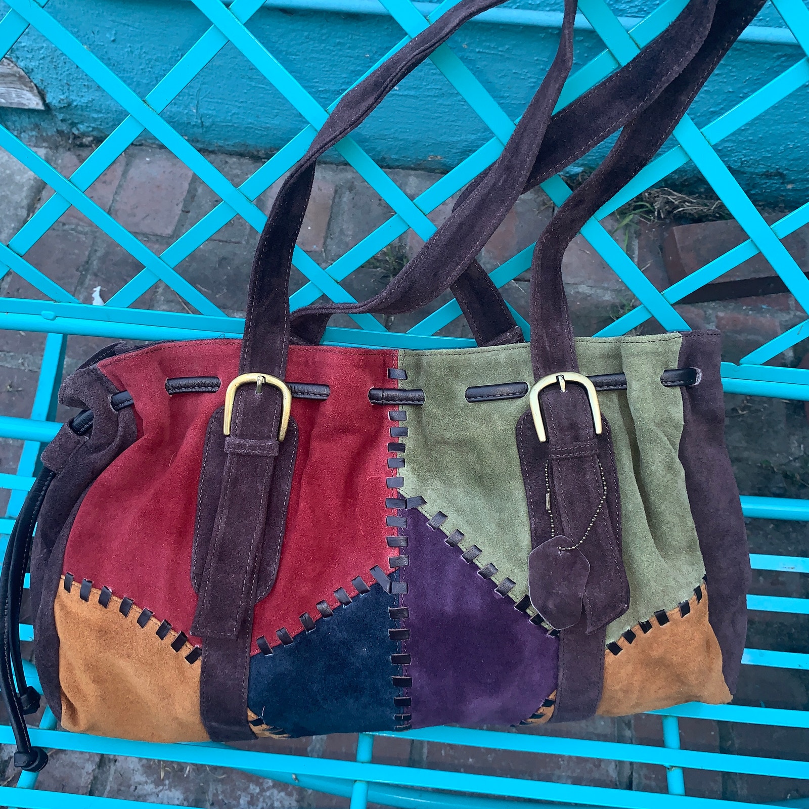 VINTAGE SUEDE PATCHWORK WHIPSTITCHED LEATHER SHOULDER BAG
