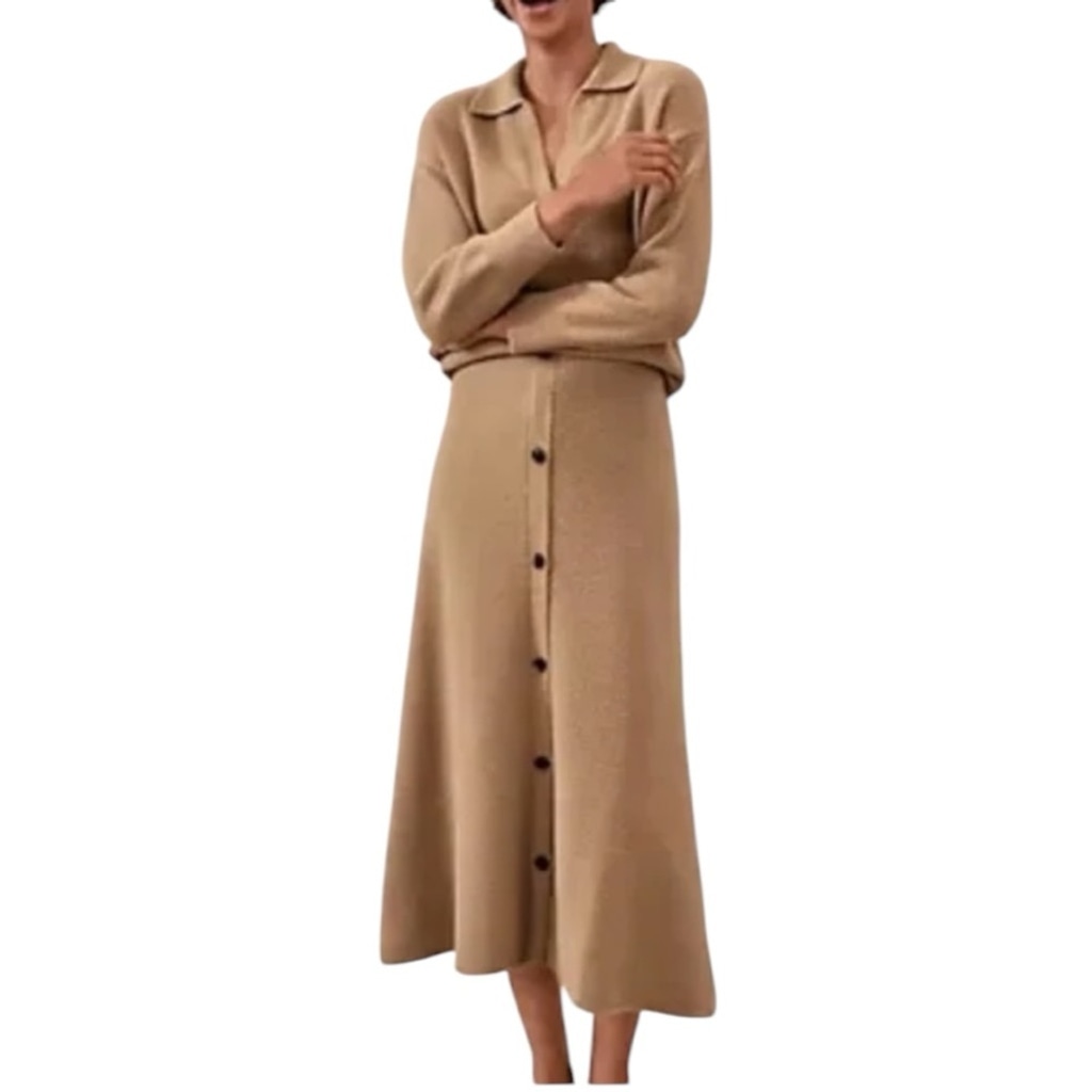 ANN TAYLOR set V-neck Polo Sweater In Spiced Taupe Button Front Sweater Skirt L