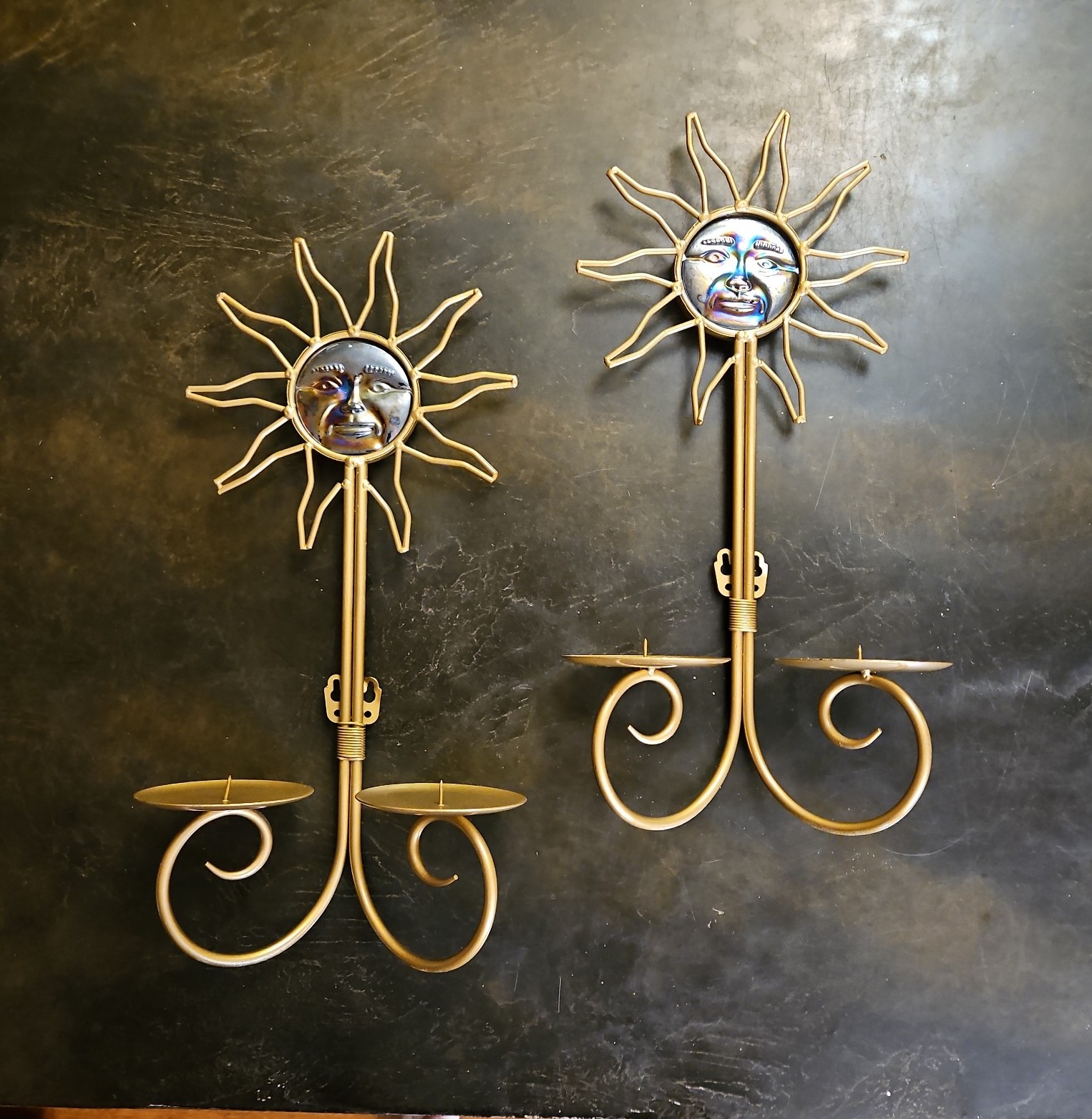 Vintage Celestial Sun Face Metal Wall Candle Holders