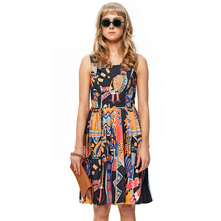 Gorman Vintage VTG Novelty Silk Fiesta Bird Fish Boho Geometric Tank Midi Dress