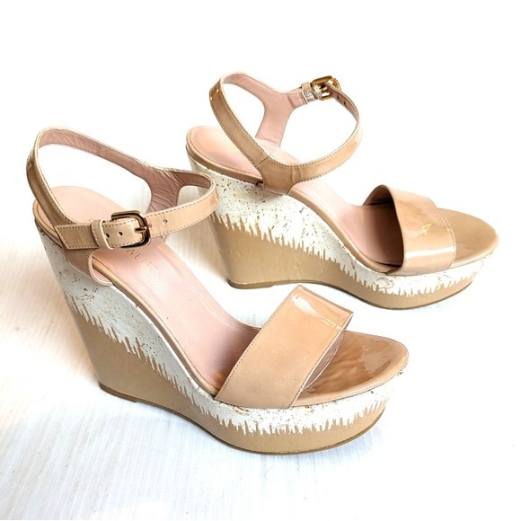 STUART WEITZMAN Bambina Aniline Single Sky patent leather platform wedge sandals