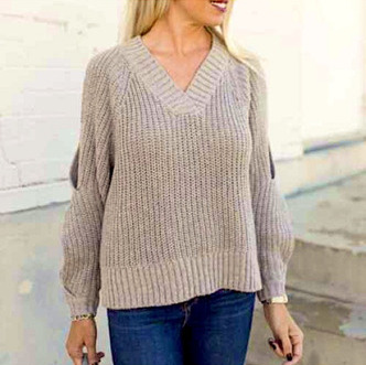 LEITH Nordstrom Chunky Taupe Wool Blend Knit Double Cutout Long Sleeve Sweater