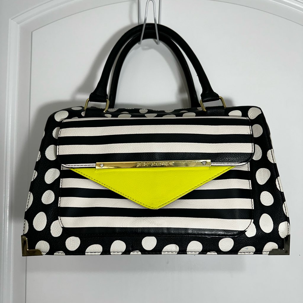 Betsey Johnson Black and White Pilka Dot Satchel Handbag Striped Polka Dot