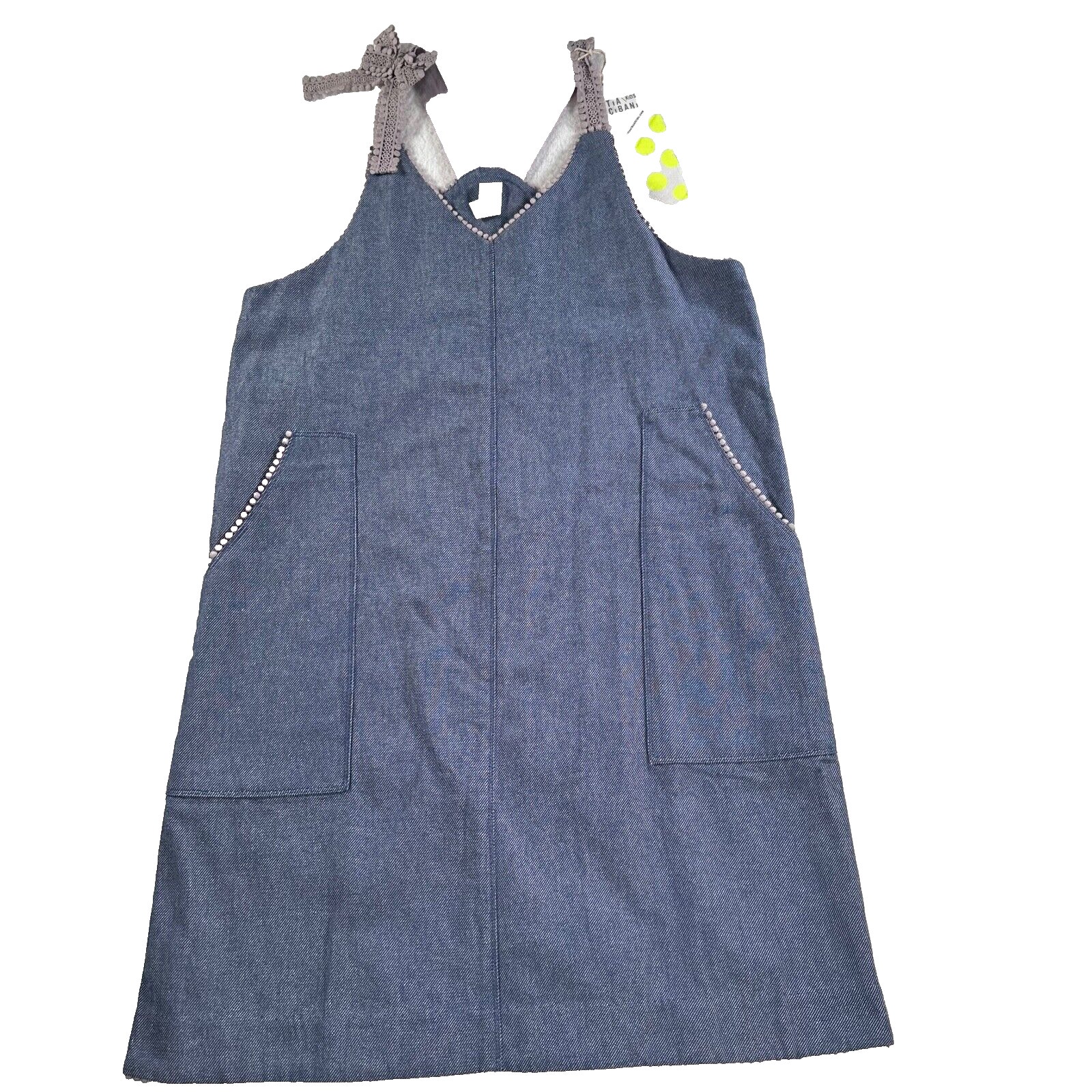 Tia Cibani Kids Girls 9/10 Year Old Apron Shift Blue Denim Dress Lace Bow New