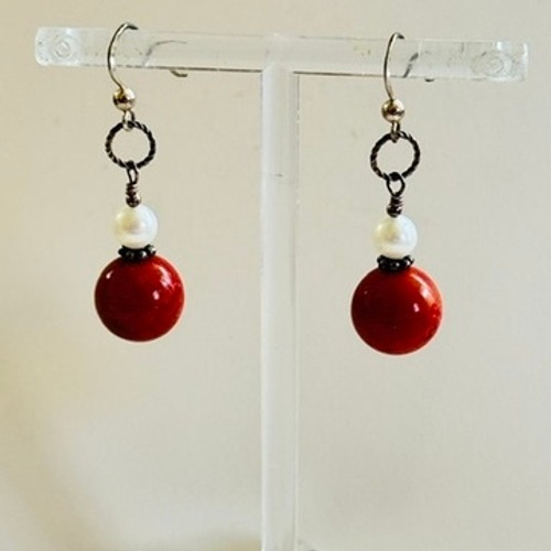 VTG Red Sponge coral Pearl Earrings Dangle Pierced beaded Silver 925 sterling
