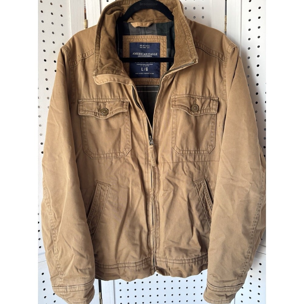 Men's L American Eagle Utility Field Canvas Flannel Lined Jacket Camel Color