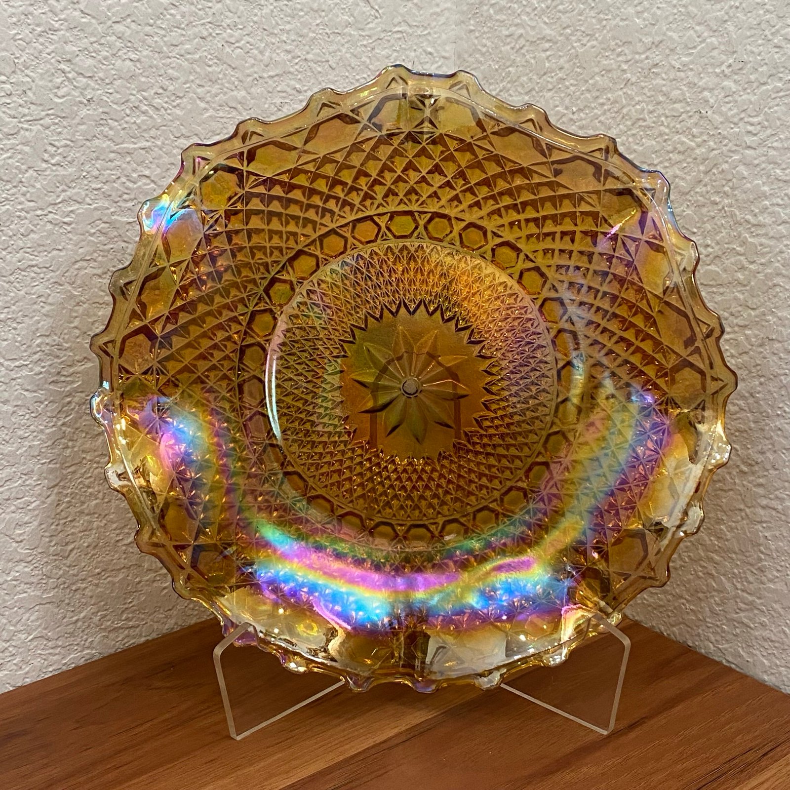 Vintage Indiana Carnival Glass Iridescent Marigold Ruffled Rim 10” Plate Dish