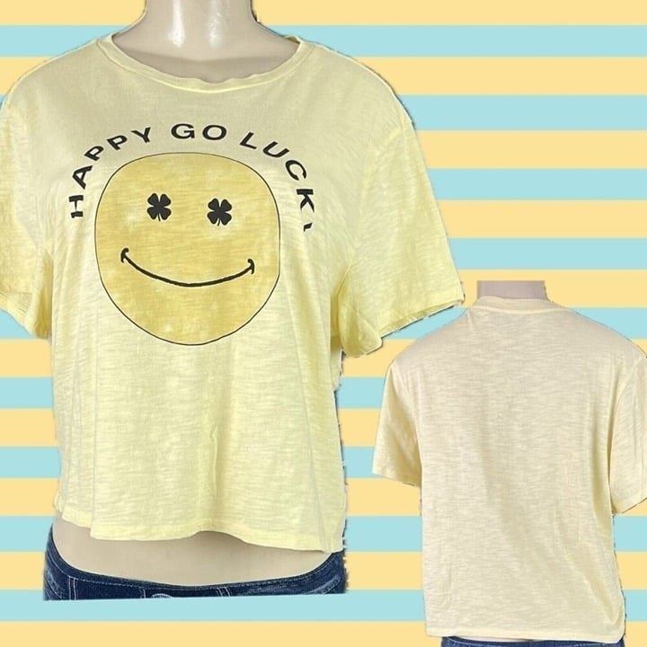 Lucky Brand L Heather Yellow Happy Go Luckey Smiley Face Short Sleeve Crop Tee