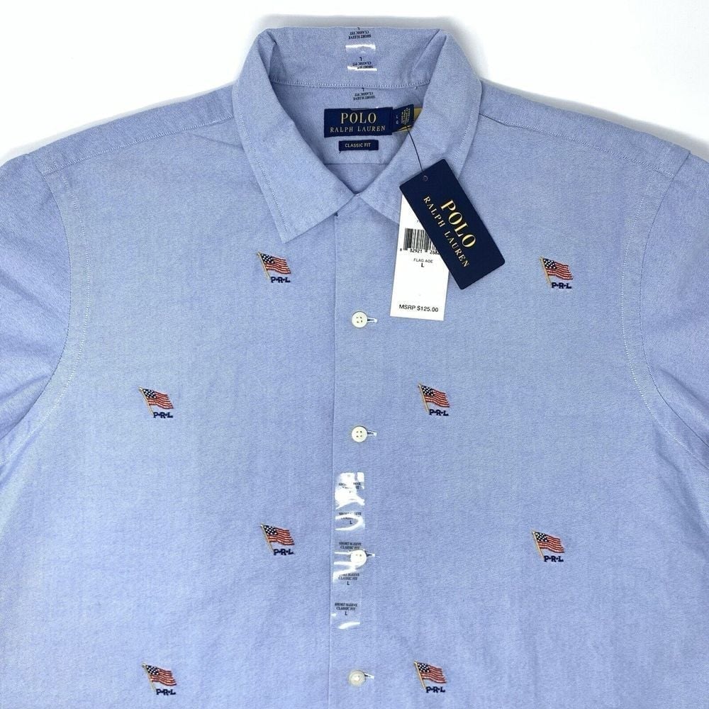 Polo Ralph Lauren Classic Fit Blue Oxford Flag Cotton Mens Button Up Shirt Sz L
