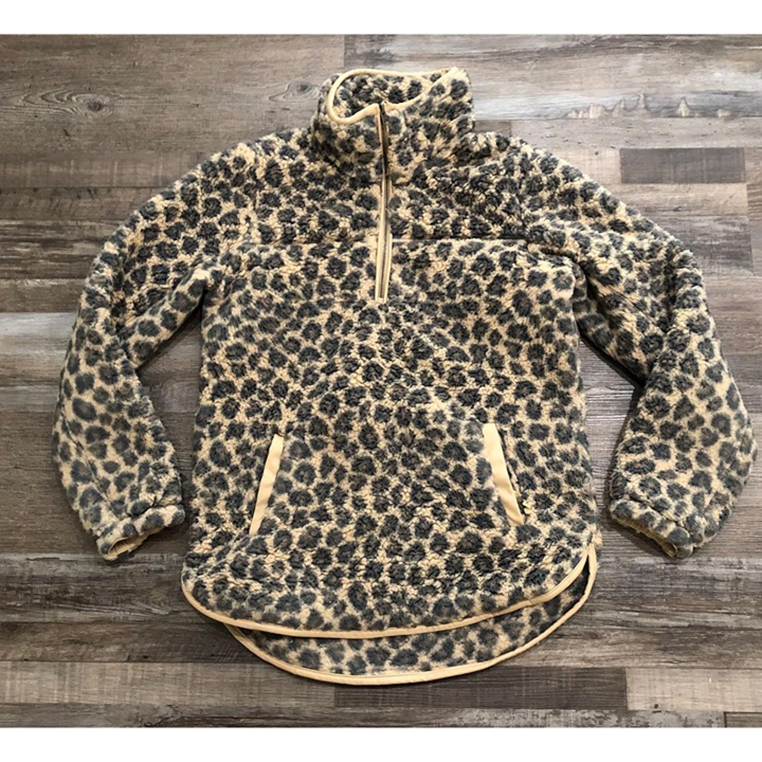Abercrombie & Fitch Sherpa Half-Zip Jacket Trim Leopard Print Pullover Small