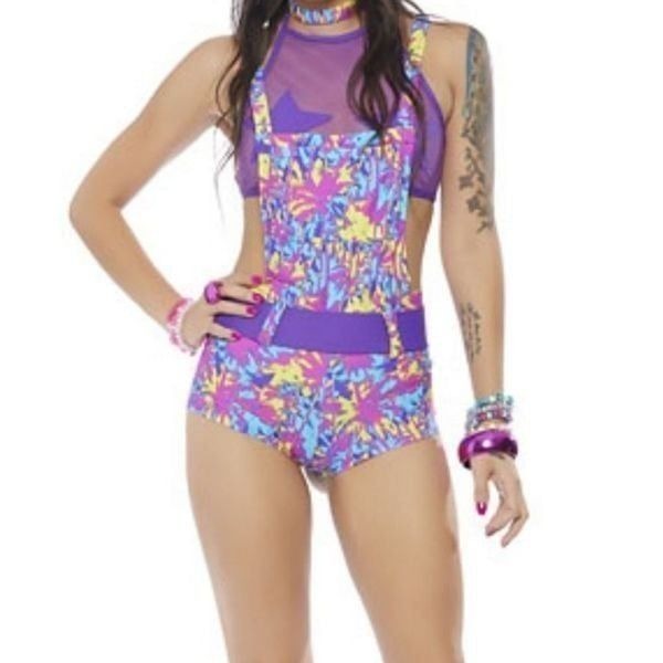 Foreplay I heart raves cheeky festival shorts overalls romper shortalls