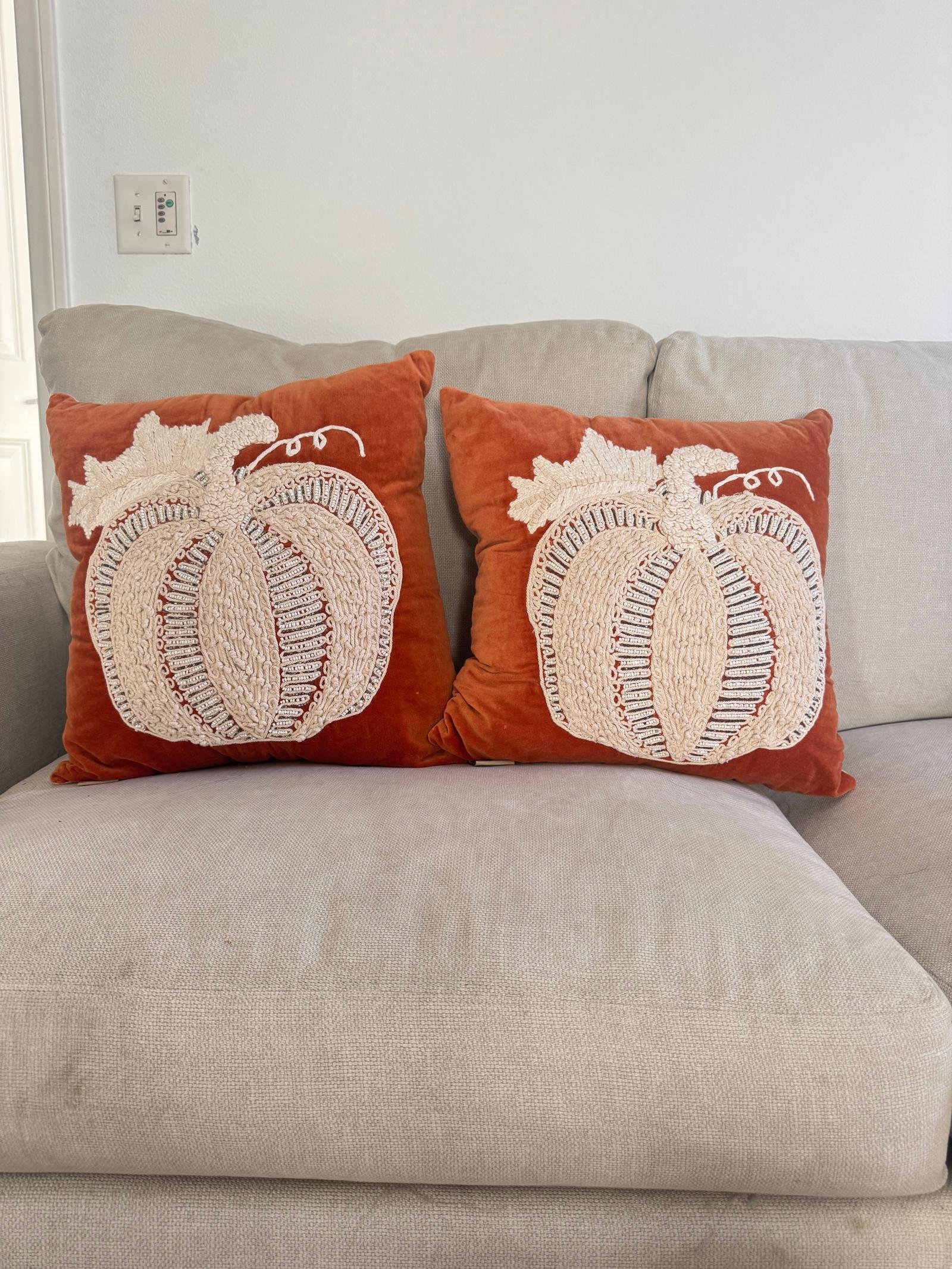 Set of 2 Square Orange Beaded Pumpkin Pillows Thanksgiving Fall Homegoods 17