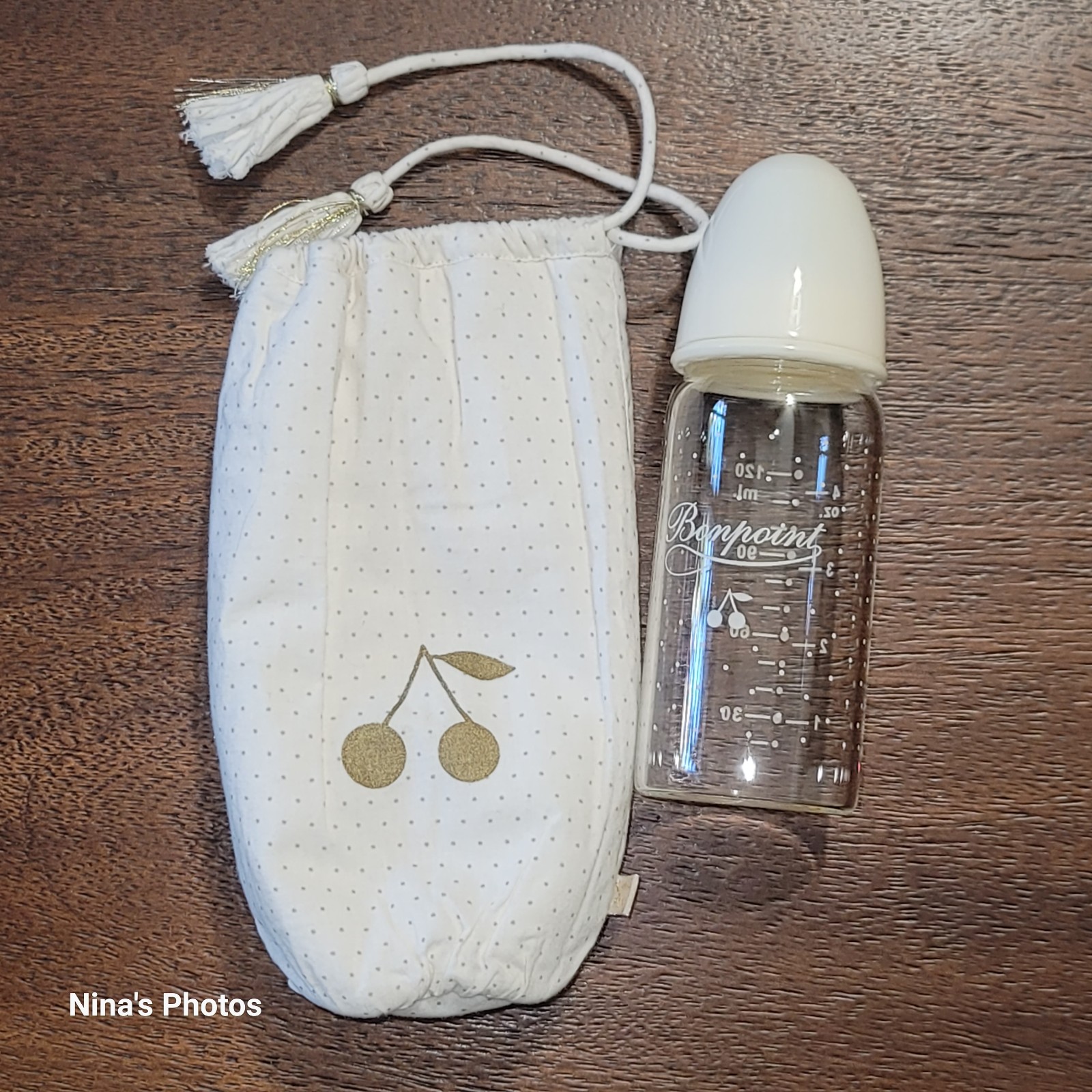 NEW Bonpiont Infant Baby 120 ML Glass Bottle W/ Travel Pouch Bag Cherry Logo