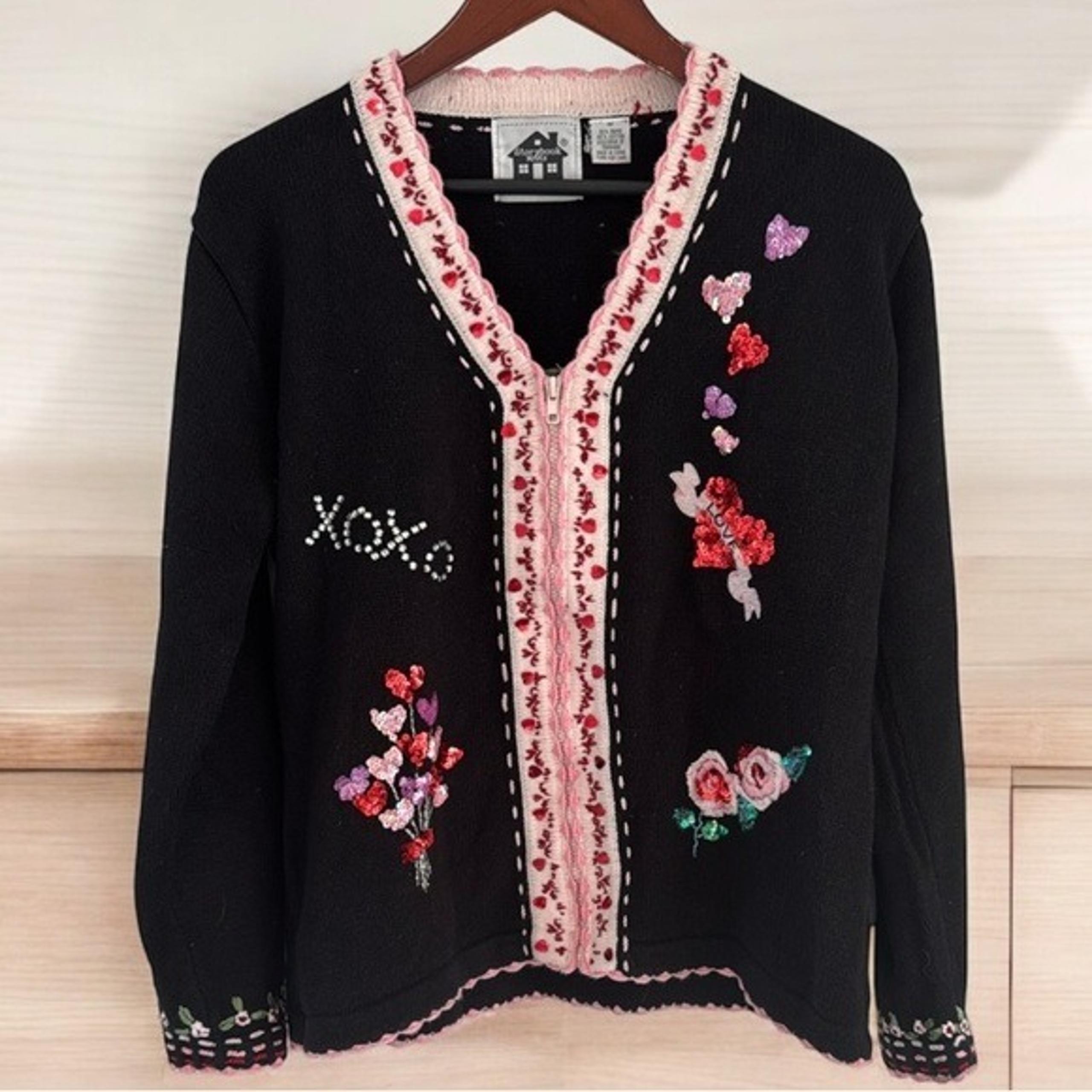 Storybook Knits Valentine Sweater Medium Sequin Hearts Love Full Zip Cardigan
