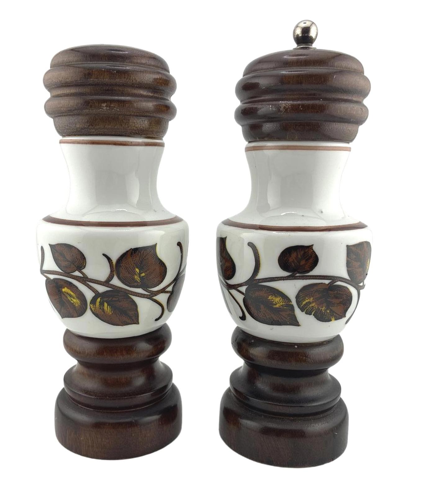Salt Shaker & Pepper Grinder Porcelain Wood Leaf Design Vintage