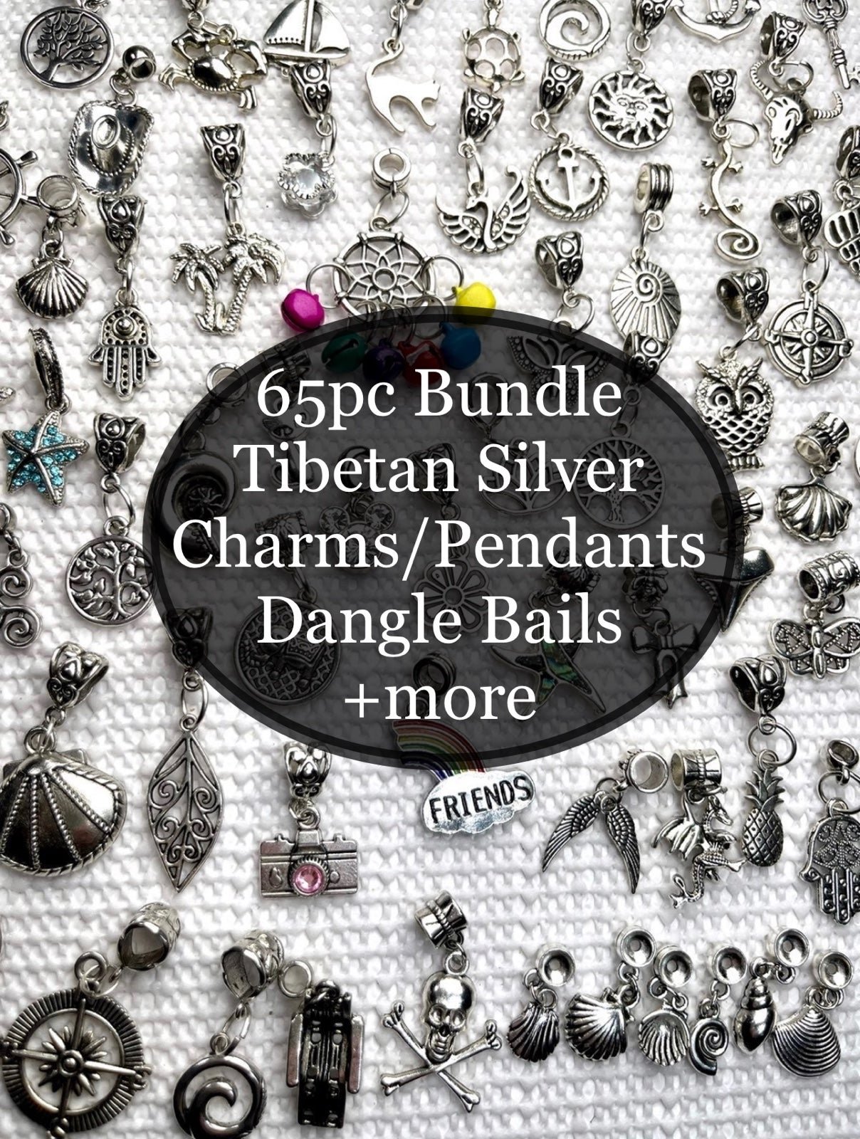 65pcs Premade Tibetan Silver Charms Pendants on Bails & Jump Rings Bundle Lot