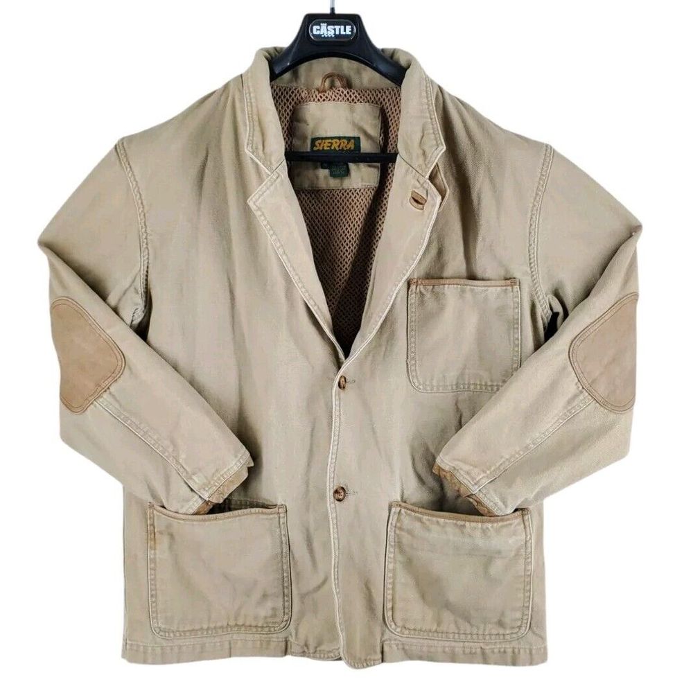 Vtg Sierra Trading Post Safari Brush Jacket Mens M Khaki Beige Leather Patch