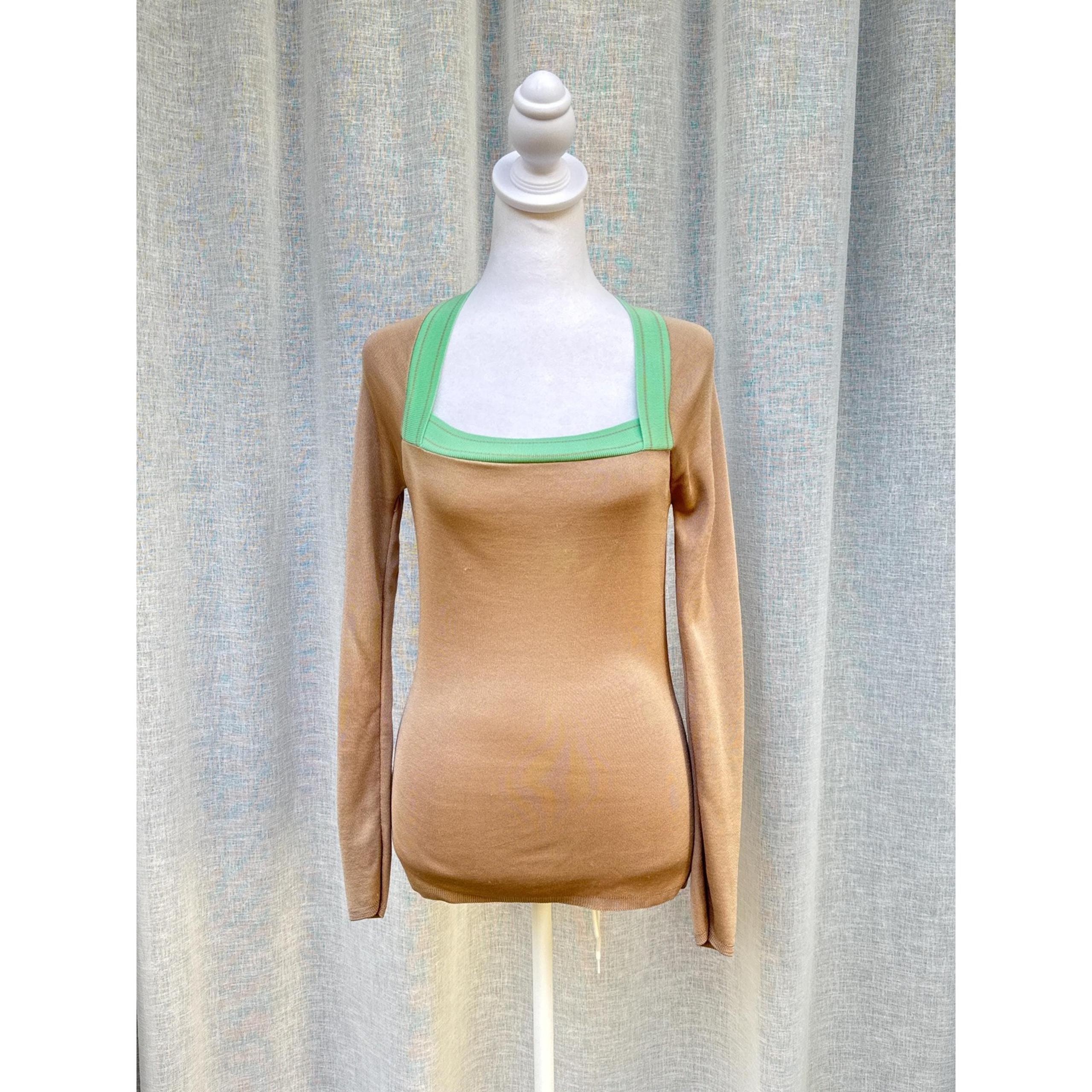 Long sleeve top in a sand color with mint green neckline silk I stretchy viscose