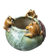 Vintage Majolica Style Frog Pottery Ceramic Planter Bowl Green Signed 4 Tall