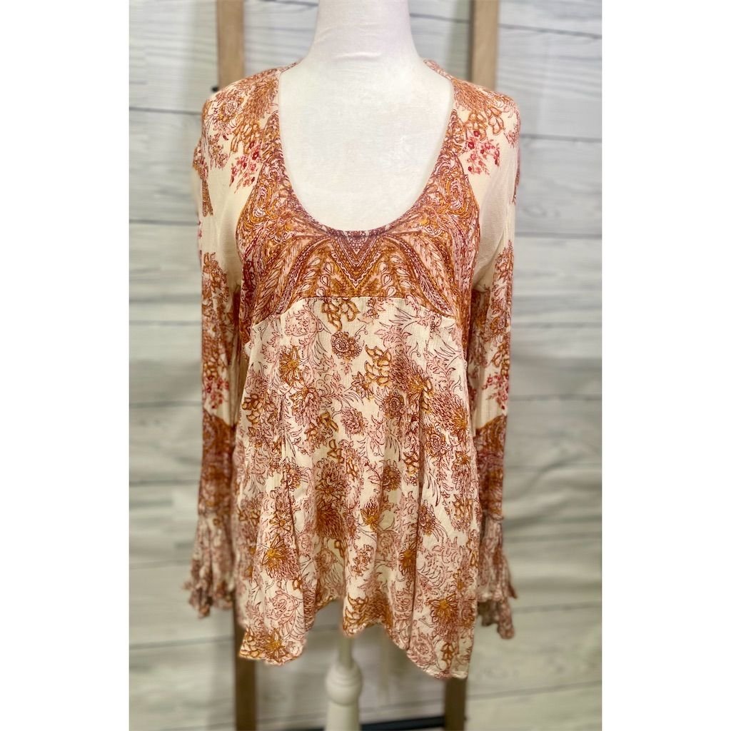 Free People “Lady Luck” Floral Boho Tunic Top Orange Cream Flowy Size Small