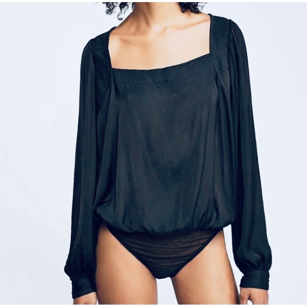 Free People Intimately Dream Of You Bodysuit in Black Satin Square neck S/Small