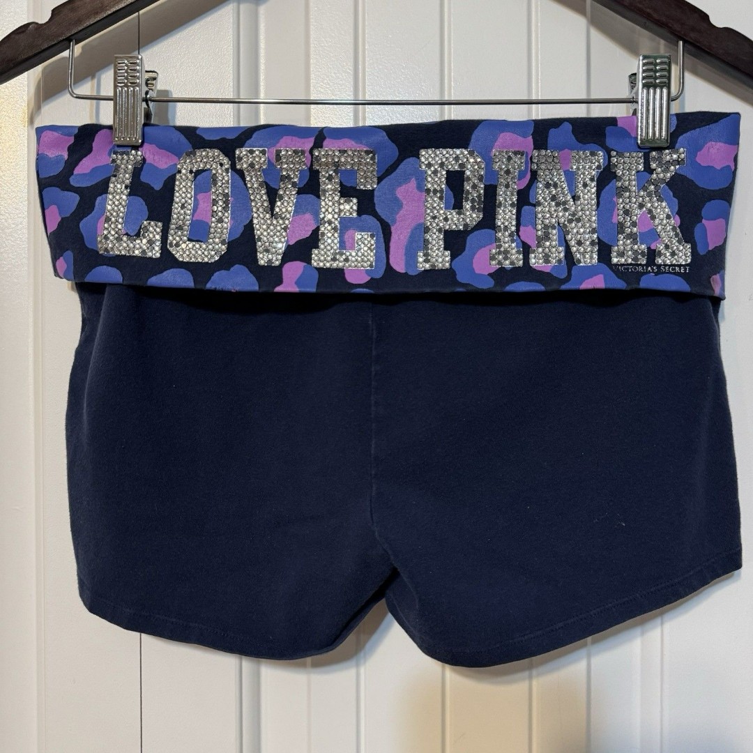 Victoria’s Secret PINK Yoga Shorts M Foldover Cheetah Bling LOVE PINK Y2K VS