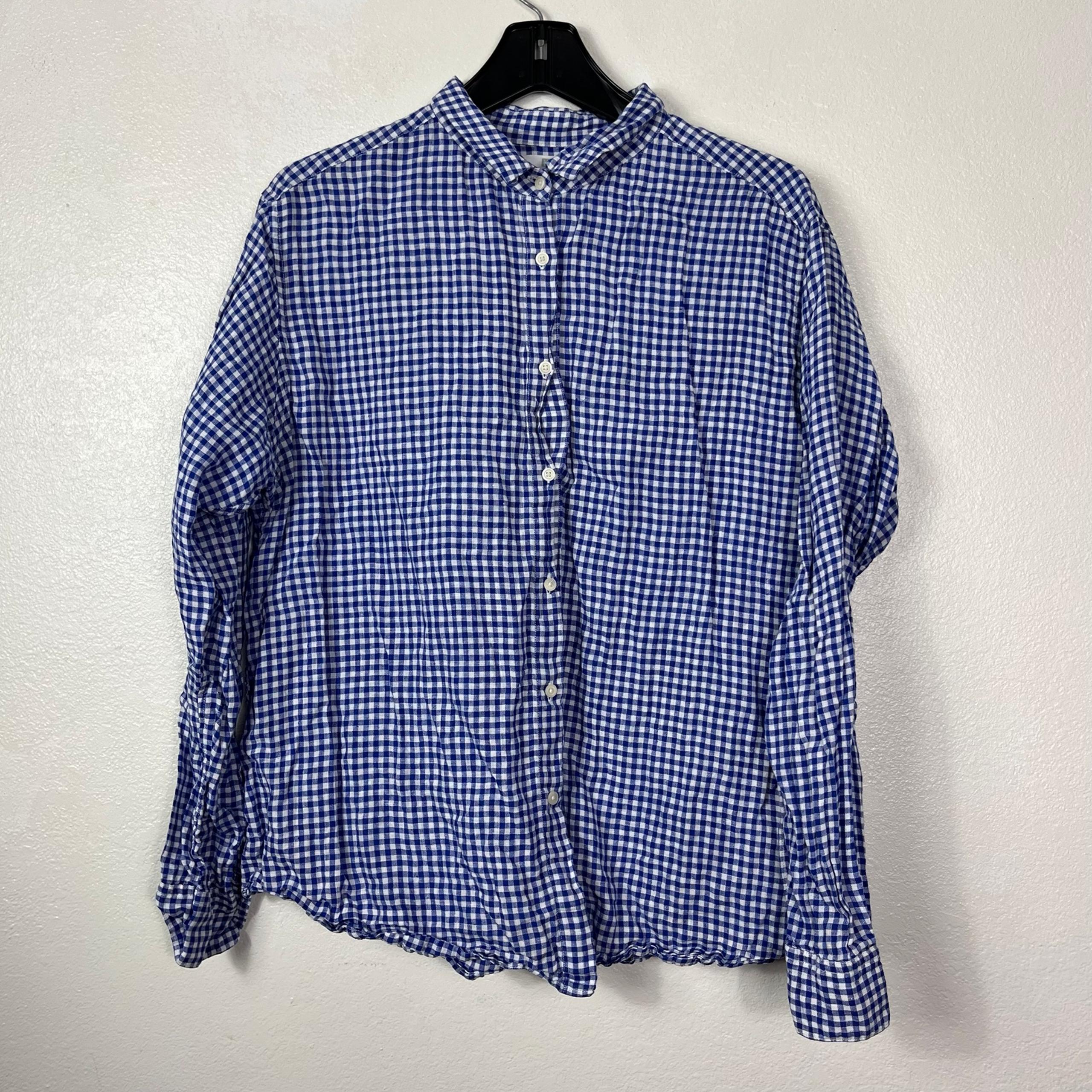 Uniqlo Blue White Gingham 100% Linen button down shirt women’s s extra large