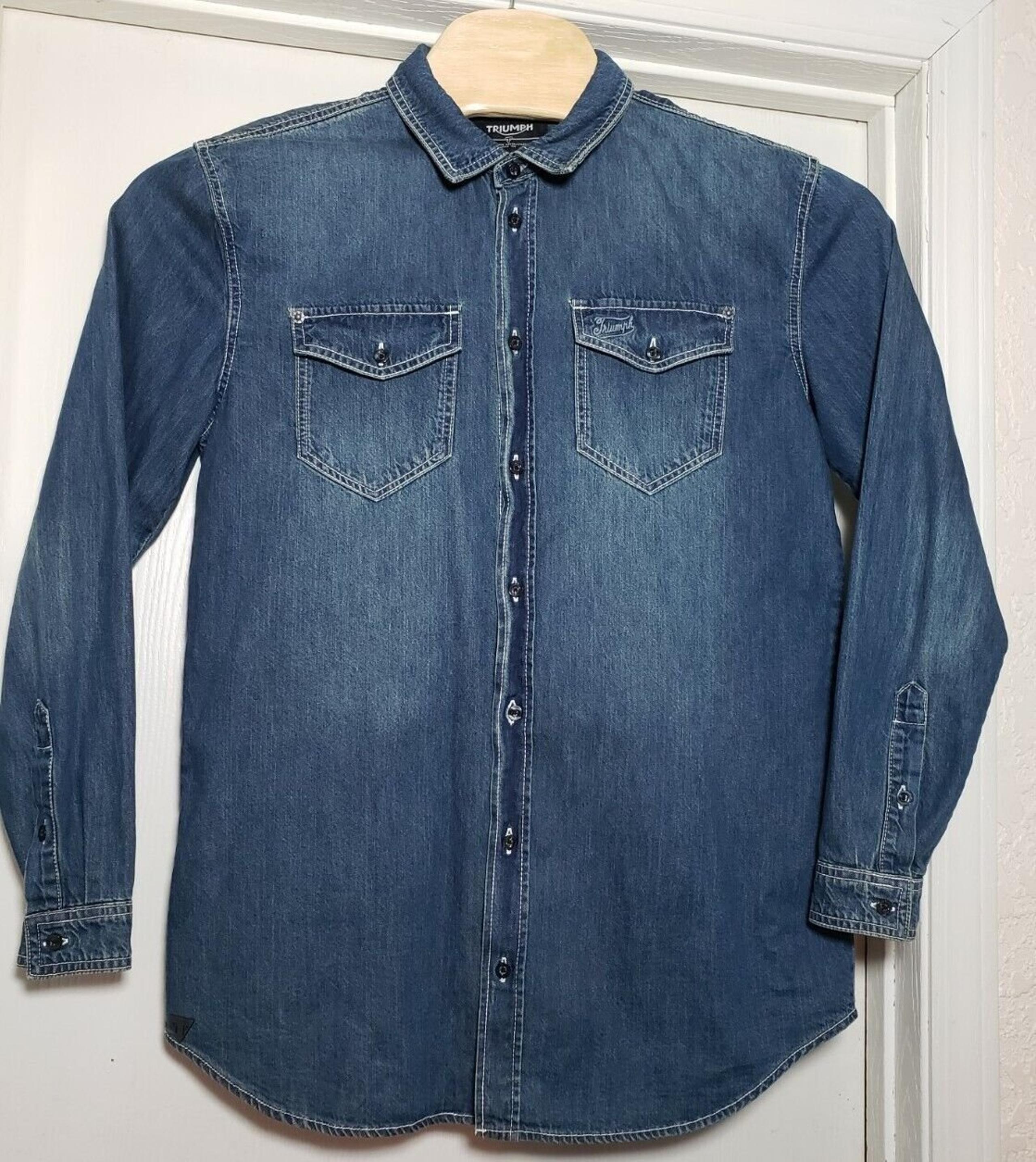 Men's Triumph Motorcycle Long Sleeve Denim Shirt Size Medium 100% Cotton