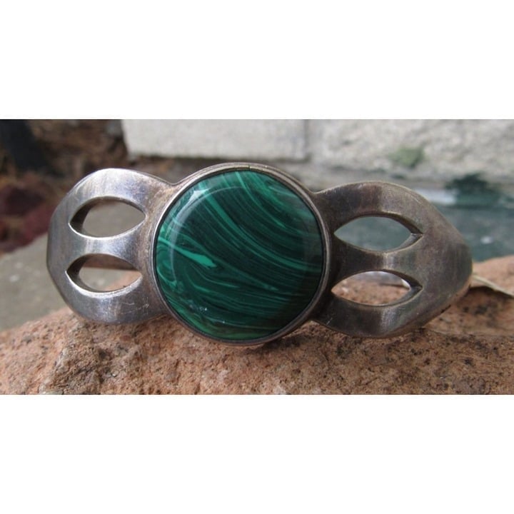Vintage Taxco Mexico Sterling Silver Malachite Bracelet