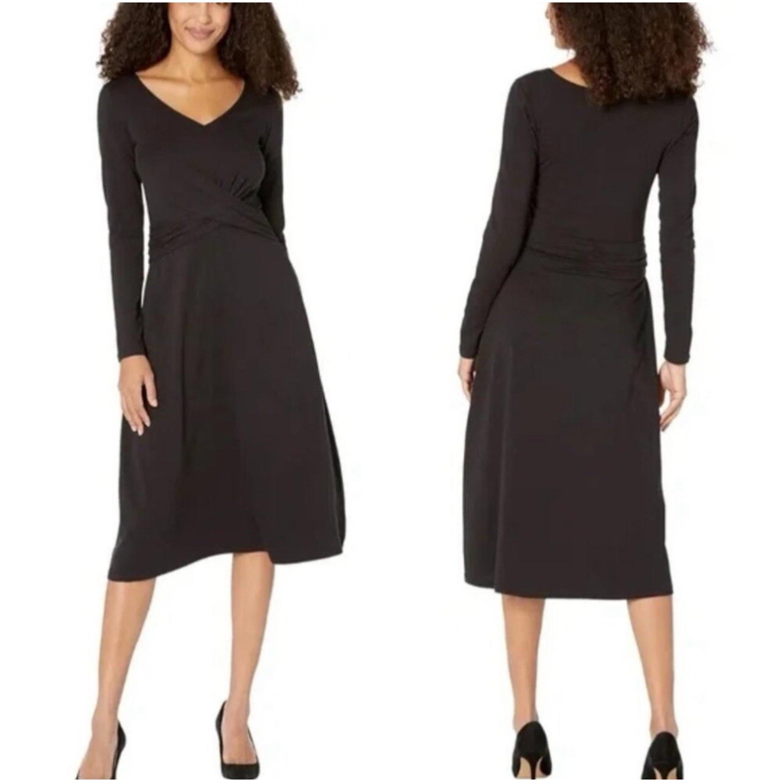 Pact Revive Wrap Front Midi Dress Black Sz M Minimalist Organic Cotton blend