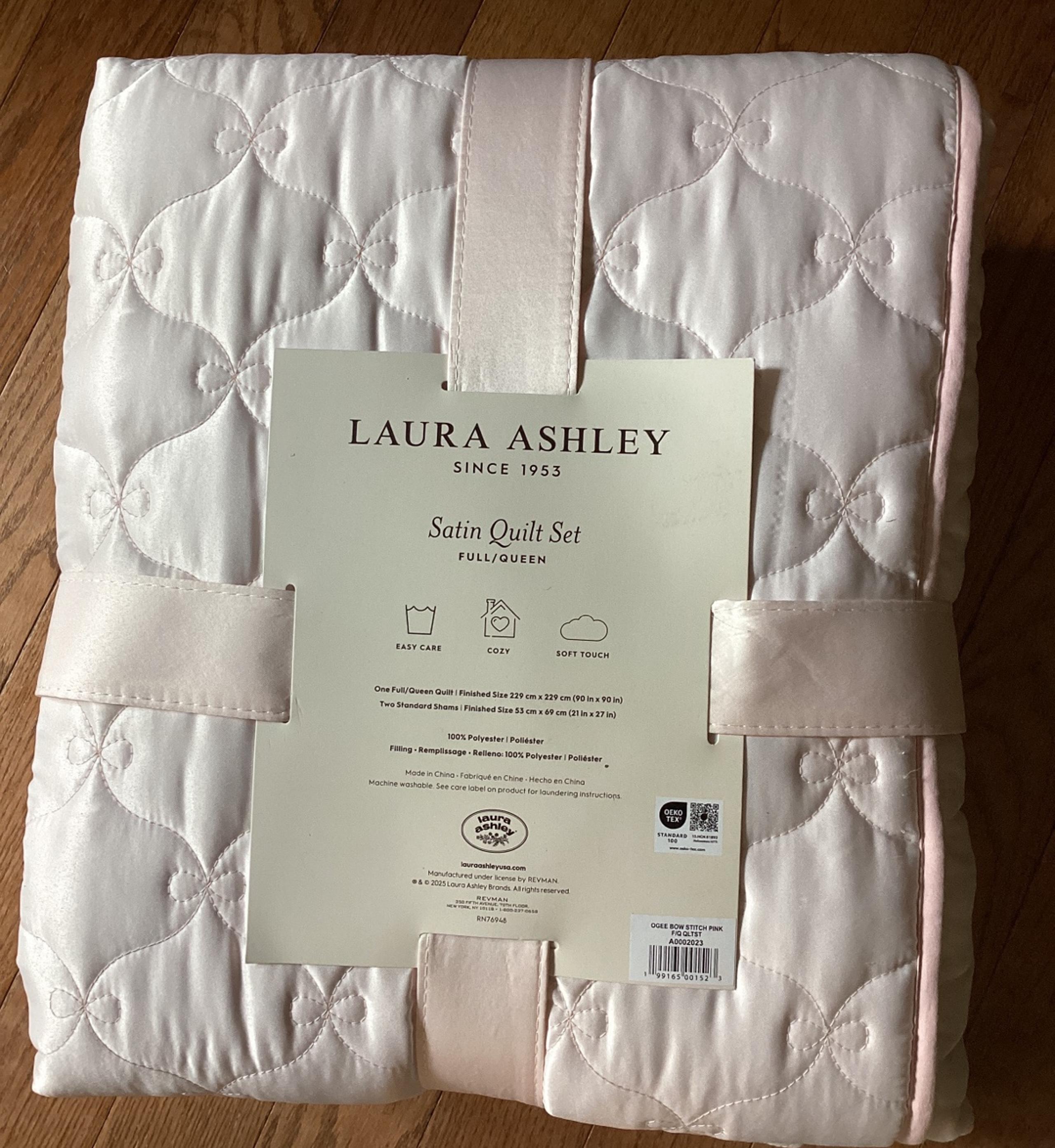 ❤️❤️Laura Ashley Full QUEEN Pink Bow Satin Quilt set