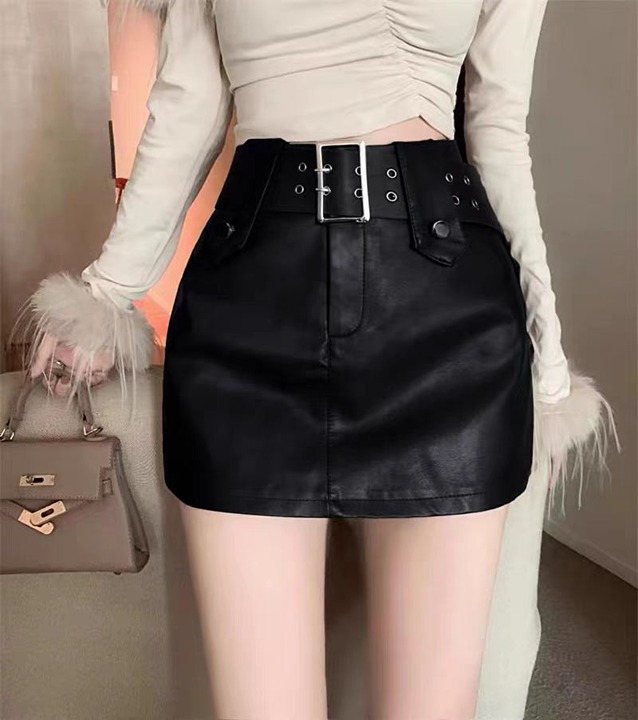 Spice Girl retro solid color design sense half skirt women's new autumn style pu