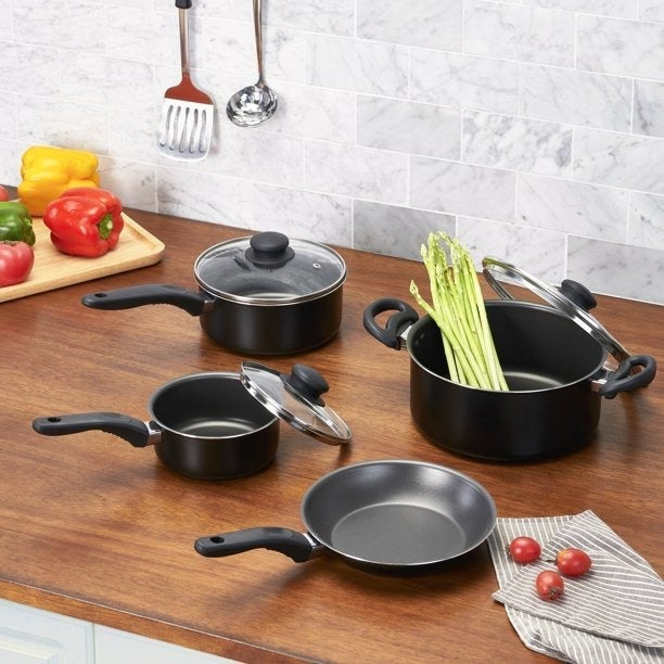 7 Pc Nonstick Cookware Set BLACK Dishwasher Safe Pots and Pan