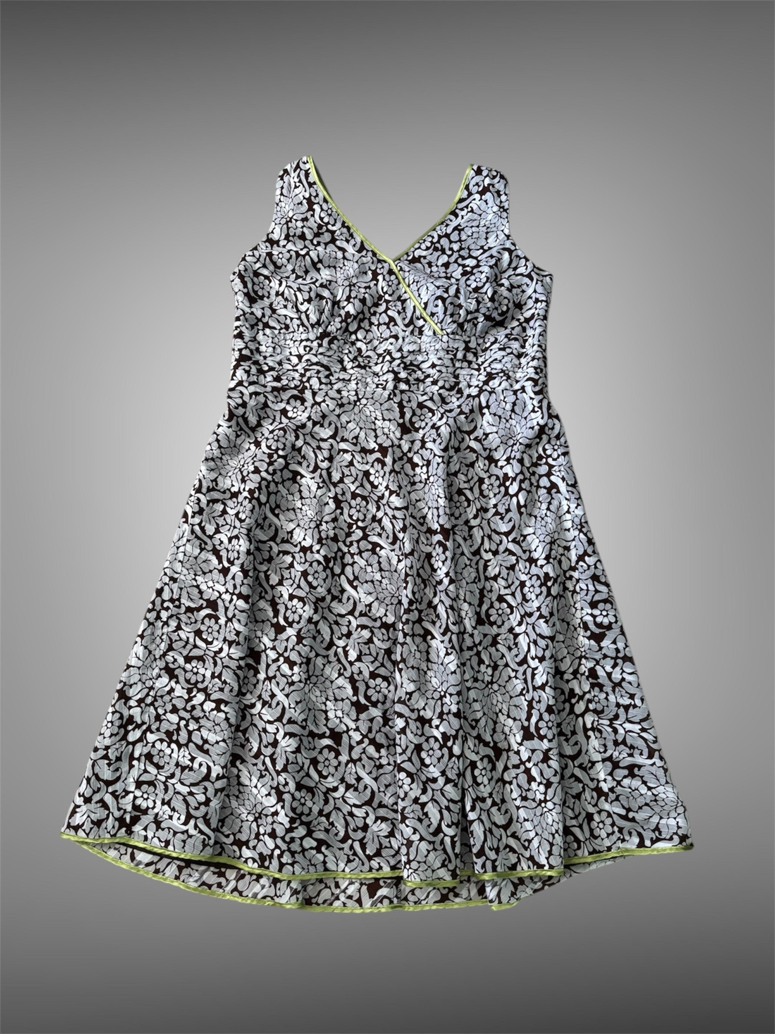 White & brown floral print Robbie Bee maxi dress with V-neckline and lime green
